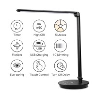 Led Desk Lamp, Consciot 12W Desk Light With Usb Charging Port, 5 Lighting Modes 7 Brightness Levels, Dimmable & Adjustable, Touch-Sensitive Control, 30/60 Min Auto Timer, Black