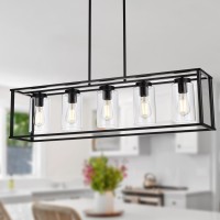 Vinluz Farmhouse Chandeliers Rectangle Black 5 Light Dining Room Lighting Fixtures Hanging Kitchen Island Cage Pendant Lights C