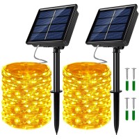 Josmega 2 Pack Solar Powered Fairy String Lights Outdoor Waterproof 8 Modes Twinkle Christmas Decorations Lights, Each 33Ft-100Led, 40Ft-120Led, 66Ft-200Led, 80Ft-240Led, Auto On/Off (Warm White, 66)