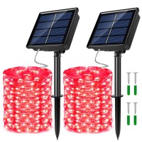 Josmega 2 Pack Solar Powered Fairy String Lights Outdoor Waterproof 8 Modes Twinkle Christmas Decorations Lights, Each 33Ft-100Led, 40Ft-120Led, 66Ft-200Led, 80Ft-240Led, Auto On/Off (Red, 66)