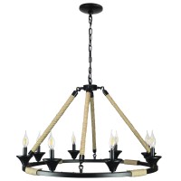 Hinnes Gothic Wagon Wheel Light Fixture With 8 Bulb Overhead Lighting And Vintage Rope Decor For Home, Living Or Dining Room, Foyer, Or Entryway, Dimmable Options