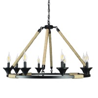 Hinnes Gothic Wagon Wheel Light Fixture With 8 Bulb Overhead Lighting And Vintage Rope Decor For Home, Living Or Dining Room, Foyer, Or Entryway, Dimmable Options