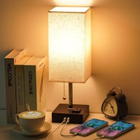 Golspark Usb Bedside Table Lamp, Minimalist Nightstand Lamp With Charging Ports, Lamps For Bedrooms, Fabric Linen Lamp Shade, Modern Desk Lamp With Pull Chain (Square Table Lamp)