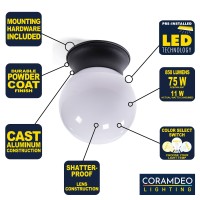 Coramdeo Commercial Residential Globe Ceiling Light, Entry, Outdoor Hallway, Damp Location, Built In Led Color Select Switch For 3K / 4K / 5K, 850 Lumens, Black Cast Aluminum With White Globe