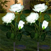 Anordsem Solar Garden Lights Outdoor Decor, 2 Pack Fake White Rose Flowers, Landscape Patio Pathway Backyard Cemetery Grave Decorotions Led Lighting White,Waterproof&Auto On/Off