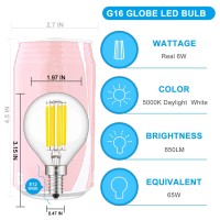 Crlight 6W Dimmable Led Candelabra Bulb 5000K Daylight White, 65W Equivalent 650Lm E12 Vintage Edison G16 Globe Clear Glass Chandelier Light Bulbs, Smooth Dimming Version, 6 Pack