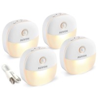 Auvon Rechargeable Mini Motion Sensor Night Light, 2Nd Gen Warm White Led Stick-On Closet Light With Dusk To Dawn Sensor, Adjustable Brightness For Wall, Stairs, Cabinet, Hallway (4 Pack)