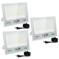 Glw 3 Pack 100W Led Flood Light Outdoor, 10000Lm Outside Floodlights Ip66, Waterproof Exterior Security Lights, 6000K Daylight White Super Bright Lighting For Playground Yard Stadium Lawn Ball Park