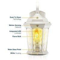 Euri Lighting Efl-140W-Md Flickering Flame Lantern, Water Glass, With Integrated Security Light (3000K), Photocell And Motion-Sensor (Dusk-To-Dawn), White Housing