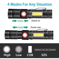 Vnina Rechargeable Tactical Flashlight, Usb Magnetic Flashlights With Cob Flash Light - 4 Models, Zoomable, Waterproof, Led Tactical Flashlight High Lumen Bright For Indoor Outdoor Camping 2 Pack