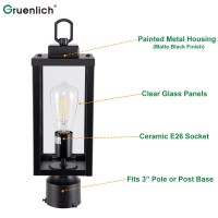 Gruenlich Outdoor Post Lighting Fixture Pole Lantern, E26 Medium Base Max 60W, Metal Housing Plus Glass, Matte Black Finish, Bulb Not Included, 1 Pack