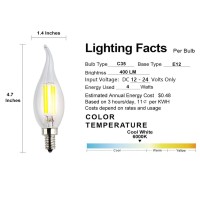 Opalray 12V - 24V Dc Low Voltage Led Candle Bulb, 4W 400Lm, 6000K Cool White Light, 40W Incandescent Replacement, Dimmable With Dc 12V Pwm Dimmer, Clear Glass Flame Tip, 12Volts Power Operated, 3-Pack