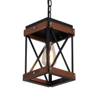 Fivess Lighting Rustic Farmhouse Pendant Light With Wood And Metal Cage, One-Light Adjustable Chains Industrial Mini Pendant Lighting Fixture For Kitchen Island Cafe Bar, Black