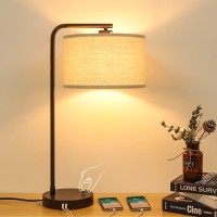 Side Table Lamp With Dual Usb Ports, Dimmable Bedside Lamp Modern Nightstand Lamp Desk Reading Lamp With Linen Lampshade For Bedroom, Living Room, Study Room, Office, 8W 2700K Led Edison Bulb Included