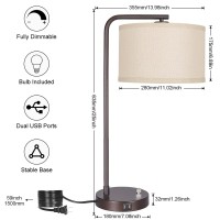 Side Table Lamp With Dual Usb Ports, Dimmable Bedside Lamp Modern Nightstand Lamp Desk Reading Lamp With Linen Lampshade For Bedroom, Living Room, Study Room, Office, 8W 2700K Led Edison Bulb Included