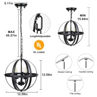 Dllt Vintage Pendant Hanging Light, Flush Mount Ceiling Chandelier Lamp With Metal Spherical Shade For Kitchen, Dining Room, Living Room, Hallway, Bedroom, Entryway 3-Light, E12 Base-Matte Black