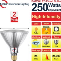 Explux Super-Intensity 250W Equivalent Led Par38 Flood Amber Light Bulbs, Full Glass Weatherproof & Anti-Ageing, Dimmable, Amber Color Spotlight, 2-Pack