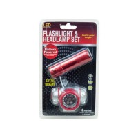 LED Technology Flashlight and Headlamp set is ideal for power outages The batterypowered set features four light modes 1 LED 3 LED 7 LED and Flashing mode Requires 6 AAA batteries not included The set comes packaged in a blister pack for display and red c