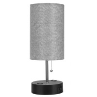 Gabori Usb Bedside Table Lamps, Bedroom Lamp With 2 Usb Charging Ports & Two Ac Outlets, Pull Chain Switch Nightstand Lamp With Gray Cylinder Shade, Ambient Light For Bedroom Living Room Office (Grey)