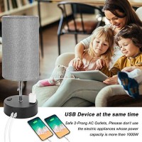 Gabori Usb Bedside Table Lamps, Bedroom Lamp With 2 Usb Charging Ports & Two Ac Outlets, Pull Chain Switch Nightstand Lamp With Gray Cylinder Shade, Ambient Light For Bedroom Living Room Office (Grey)