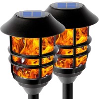 Flickering Flame Solar Pathway Flame Lights - Solar Lights Outdoor Torch Waterproof Led Metal Landscape Lights Heavy Lights Security Path Lights For Garden, Patio, Pathway, Balcony And Pool,2 Pack