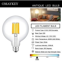 Omaykey 12W Dimmable Large Led Globe Bulb 3000K Soft White, 100W Equivalent 1000 Lm E26 Medium Base, Vintage Edison G125 Large Globe Clear Glass Led Filament Light Bulb, Deep Dimming Version