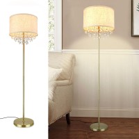 Dllt Led Floor Lamp For Living Room, Crystal Elegant Reading Standing Light For Kids Bedroom, Suit Mid Century, Modern & Farmhouse Rooms, Tall Pole With Fabric Drum Shade, Brass, E26 Warm Light