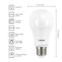 Linkind Dimmable A19 Led Light Bulbs, 100 Watt Equivalent, E26 Base, 2700K Soft White, 15.5W 1600 Lumens Cri80+ 120V, Ul Listed Fcc Certified, Pack Of 6