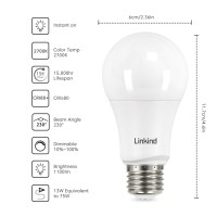 Linkind 75 Watt Equivalent, A19 Dimmable Led Light Bulbs, E26 Base, 2700K Soft White, 13W 1100 Lumens Cri80+ 120V, Ul Listed Fcc Certified, Pack Of 6