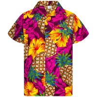 King Kameha Funky Hawaiian Shirt, Shortsleeve, Pineapple Hibiscus, Magentapink, 5Xl