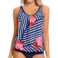 Yonique Womens Blouson Tankini Top No Bottom Loose Fit Swim Top Modest Tank Top Bluewhite Floral Striped L