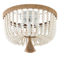 Viluxy Bohemia Wood Beaded Flush Mount Ceiling Light Antique Rustic Mini Chandelier White Finishing For Bedroom Kitchen Island