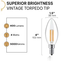 Dimmable E12 Led Candelabra Bulb Set - 4W, 40W Equivalent - 5000K Daylight White Vintage Style Candle Lightbulb For Chandelier, Ceiling Fan, Sconce, Desk Lamp Or Porch Lights, Torpedo Top (Pack Of 6)