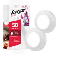 Energizer Led Puck Lights, 2 Pack, Battery Operated, Push Light, Wireless Lights, 50 Lumens, Tap Light, Stick On Lights, White, Perfect For Under Cabinet, Closets, Pantry, And More, 46009