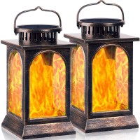 Tomcare Solar Lights Flickering Flame Upgraded Metal Solar Lantern Outdoor Hanging Decorative Lanterns Heavy Duty Solar Powered Waterproof Outdoor Lighting For Patio Garden Christmas, 2 Pack (Bronze)