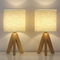 Haitral Small Table Lamps - Wooden Tripod Nightstand Lamps Set Of 2 For Bedroom, Living Room, Office, Home With Fabric Linen Shade