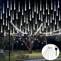 Jmexsuss Solar String Lights Outdoor Waterproof, White Christmas Tree Lights, 8 Tube 144 Leds Meteor Shower Rain Lights For Tree Wedding Xmas Holiday Party Patio Decoration