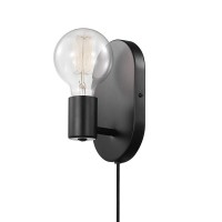 Globe Electric 51488 1-Light Plug-In Or Hardwire Wall Sconce, Matte Black, 6Ft Black Fabric Covered Cord, Inline On/Off Rocker Switch, Wall Lights For Bedroom Plug In, Kitchen Sconces Wall Lighting