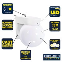 Coramdeo Commercial Residential Outdoor Led Globe Light, Dusk To Dawn Photocell, Wet Location, Built In Led Color Select Switch For 3K / 4K / 5K, 850 Lumens, White Cast Aluminum With White Globe