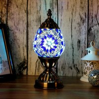 Anton Turkish Table Lamp Handmade Mosaic Glass Egg Shaped Moroccan Lantern Decorative Desk Night Light For Bedroom Living Room With E12 Led Bulb (Blue)