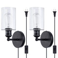 Viluxy Glass Wall Sconces Modern Glass Bedside Wall Sconce Plug-In Cord With Switch Lighting Fixture Black Wall Lamp For Bedroom 2 Pack