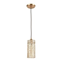 Roubaix 1-Light Mini Pendant In Satin Brass With Heavily Textured Amber Glass