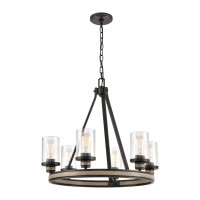 Beaufort 6-Light Chandelier In Anvil Iron And Distressed Antique Graywood With Seedy Glass