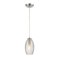 Frazzle 1-Light Mini Pendant In Satin Nickel With Horizontally Textured Clear Glass