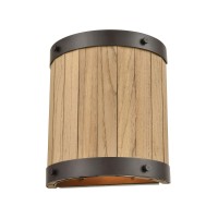 Wooden Barrel 2-Light Sconce In Oil Rubbed Bronze With Slatted Wood Shade In Natural