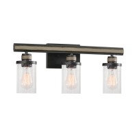 Beaufort 3-Light Vanity Light In Anvil Iron And Distressed Antique Graywood With Seedy Glass