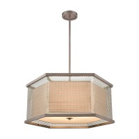 Crestler 6-Light Chandelier In Weathered Zinc And Polished Nickel Mesh With Beige Fabric Shade