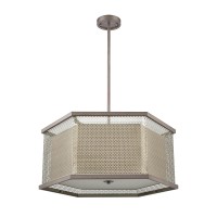 Crestler 6-Light Chandelier In Weathered Zinc And Polished Nickel Mesh With Beige Fabric Shade