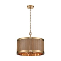 Wooden Barrel 6-Light Chandelier In Satin Brass With Slatted Wood Shade In Medium Oak