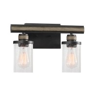 Beaufort 2-Light Vanity Light In Anvil Iron And Distressed Antique Graywood With Seedy Glass